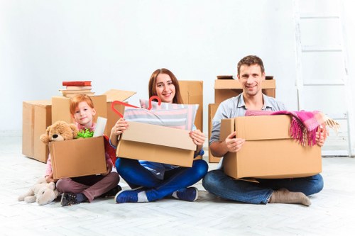 Organised packed boxes ready for transport during a move in Barnes